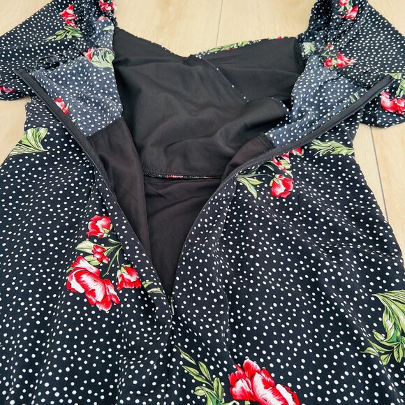 Suzanne Betro Floral Polka Dot Black Wrap Dress XL /1950s Retro Pinup Aesthetic - Picture 6 of 16